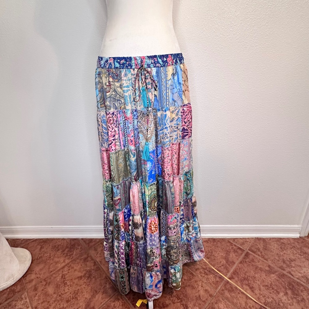 Vintage Patchwork Boho Prairie Tiered Cottage Maxi Skirt Women M Multicolor